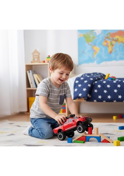 Işıklı Müzikli Lüks Off-Road Jeep Oyuncak Araba - Süspansiyonlu, Yedek Lastikli, 1:16 Model Kırmızı