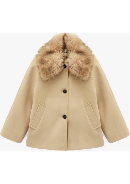 Suni Kürk Yaka Kısa Kaban Cepli Uzun Kollu