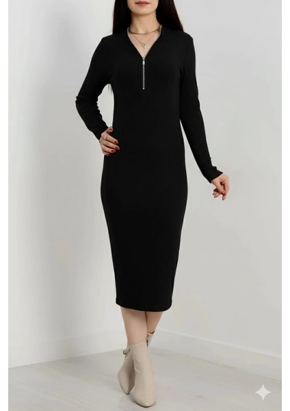 Yzlal Fermuar Detaylı Fitilli Şardonlu Elbise Siyah A3178 (Beden: Standart)