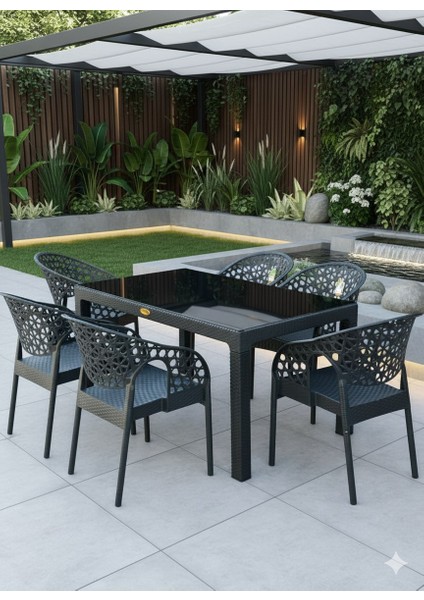 Lotus Rattan Bahçe Balkon Masa Takımı 6 Kişilik 6 Adet Sandalye 90X150CM Camlı Set Pro