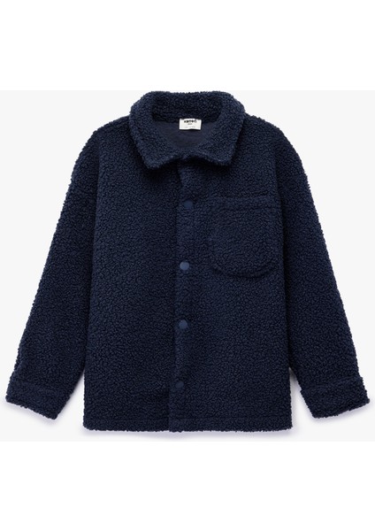 Çıt Çıt Düğme Detaylı Kapaklı Cepli Uzun Kollu Peluş Ceket