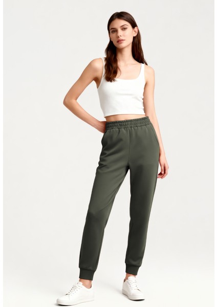 Haki Yüksek Bel Jogger Rahat Form Manşetli Kadın Eşofman Alt - 94561