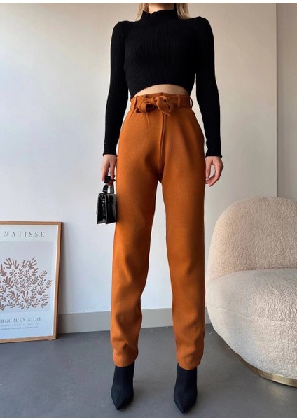 Yzlal Kendinden Kemerli Triko Pantolon Camel (Beden: Standart)