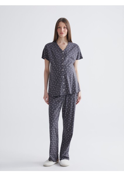 Yeni Sezon V Yaka Desenli Hamile Pijama Takımı