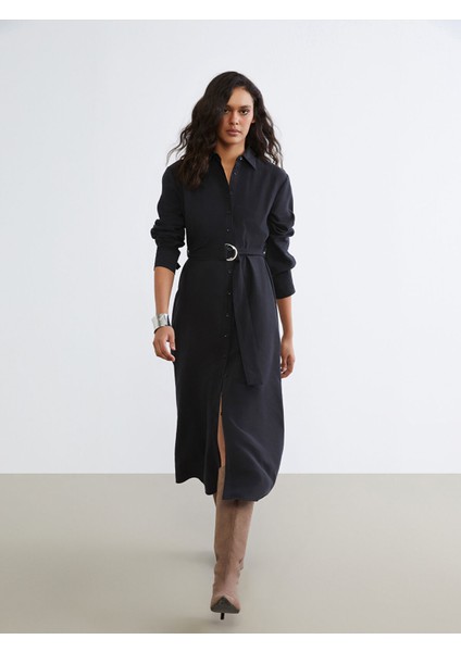 Yeni Sezon Beli Kemerli Gömlek Elbise