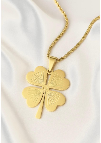 Altın Renk Çelik Dört Yapraklı Yonca Figürlü Zincir Kolye- 60 cm fiyatları