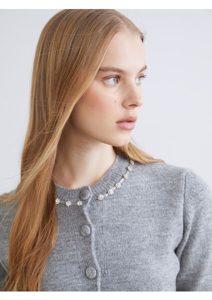 Yeni Sezon Bisiklet Yaka Taşlı Kadın Triko Hırka