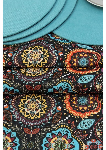 Renk Karışık Motif Desenli Siyah Arka Plan Baskılı Runner Servis 40X150 cm