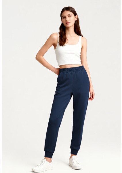 İndigo Yüksek Bel Jogger Rahat Form Manşetli Kadın Eşofman Alt - 94561