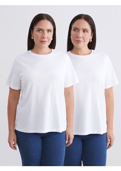 Yeni Sezon Büyük Beden Bisiklet Yaka Kadın Tişört 2'li