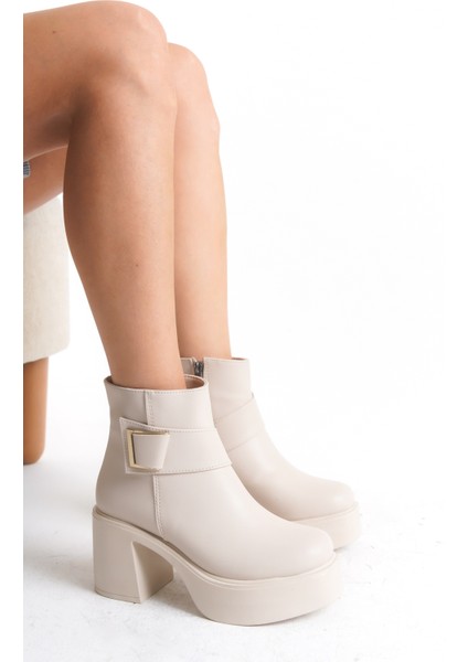 Yandan Fermuarlı Toka Detaylı Rahat Yüksek Topuklu Krem Kadın Bot modelleri