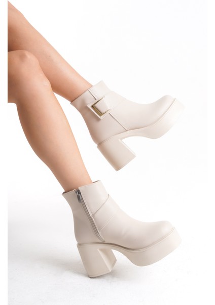 Yandan Fermuarlı Toka Detaylı Rahat Yüksek Topuklu Krem Kadın Bot fırsatları