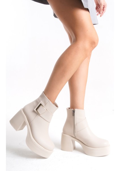 Yandan Fermuarlı Toka Detaylı Rahat Yüksek Topuklu Krem Kadın Bot indirimleri