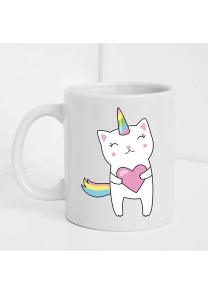 Unıcornlu Kedi Figürlü Beyaz Baskılı Kupa