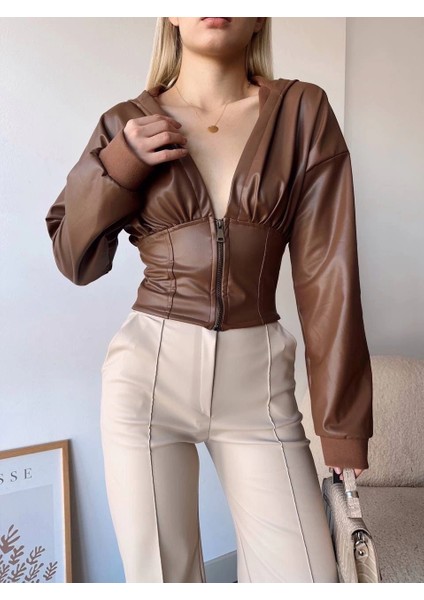 Yzlal Kapşonlu Yarım Fermuarlı Ceket Kahve H24116 (Beden: M)