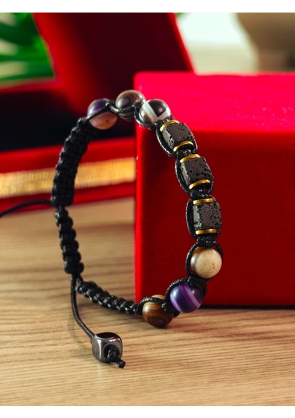 Makrome Bileklik El Yapımı Saf Doğaltaş Özel Yapım Hematit Taşı, Lav Taşı, Akik Taşı, Amatis Taşı