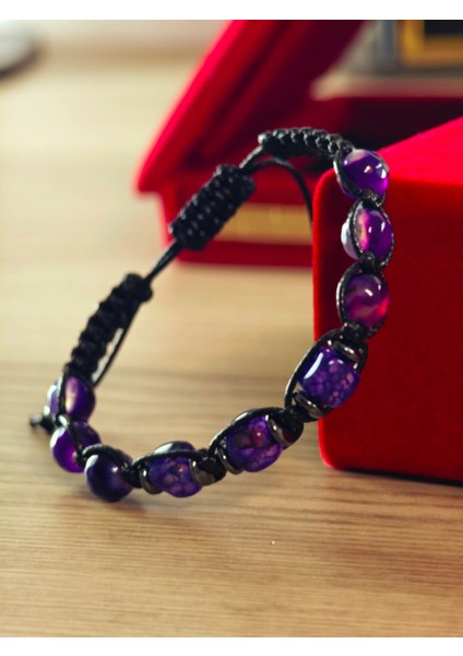 Makrome Bileklik El Yapımı Saf Doğaltaş Özel Yapım Hematit Taşı, Lav Taşı, Akik Taşı, Amatis Taşı