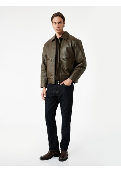 Slim Fit Uzun Kollu Fermuarlı Gömlek Yaka Suni Deri Ceket