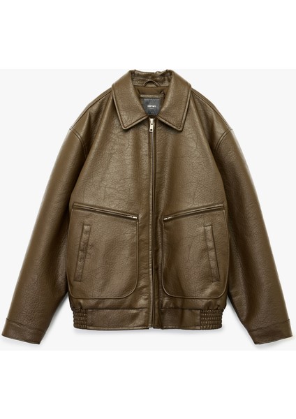 Slim Fit Uzun Kollu Fermuarlı Gömlek Yaka Suni Deri Ceket modelleri