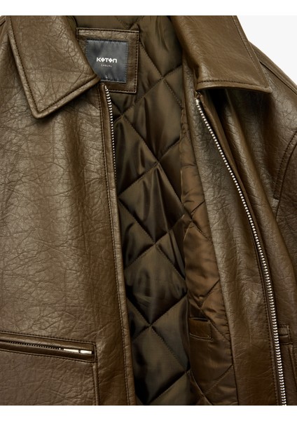 Slim Fit Uzun Kollu Fermuarlı Gömlek Yaka Suni Deri Ceket