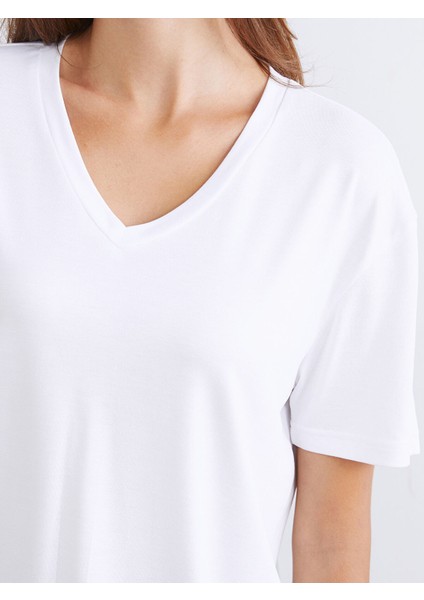 Yeni Sezon V Yaka Modal Karışımlı Kadın Tişört 2'li indirimleri