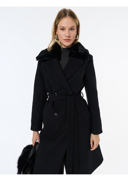 Suni Kürk Yaka Kaban Kaşe Kemerli Uzun Kollu