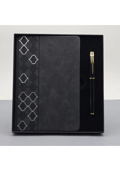 Desenli Siyah Deri Defter Kalem Set