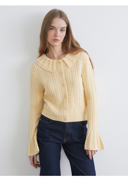 Yeni Sezon Bebe Yaka Kendinden Desenli Kadın Triko Hırka