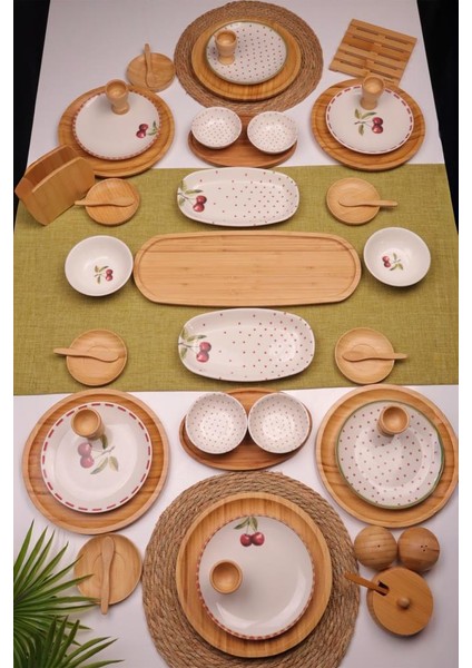 Viva 6 Kişilik 48 Parça Doğal Bambu Porselen Kahvaltı Takımı – Kahvaltı Seti Sunum Seti