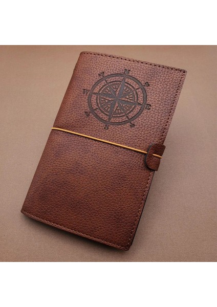 Kahverengi Pusula Temalı Deri Defter
