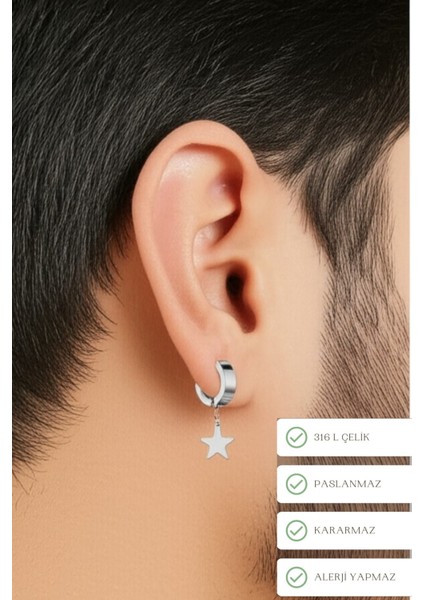 Delikli Trend Yıldız Model Sallantılı Küpe Erkek Çelik Küpe 1 Adet