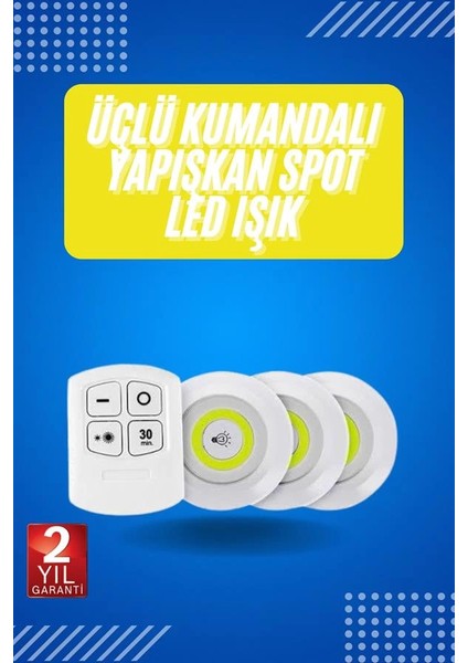 Yapışkanlı 3'lü Spot LED Işık Lamba Montajsız Pilli Uzaktan Kumandalı fiyatları