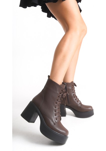 Yandan Fermuarlı Bağcıklı Yüksek Kalın Topuklu Kadın Acı Kahve Uzun Bot