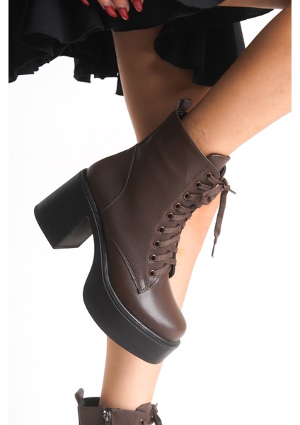 Yandan Fermuarlı Bağcıklı Yüksek Kalın Topuklu Kadın Acı Kahve Uzun Bot fırsatları