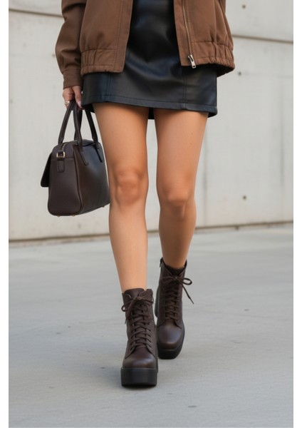 Yandan Fermuarlı Bağcıklı Yüksek Kalın Topuklu Kadın Acı Kahve Uzun Bot indirimleri