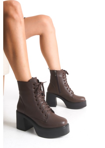 Yandan Fermuarlı Bağcıklı Yüksek Kalın Topuklu Kadın Acı Kahve Uzun Bot