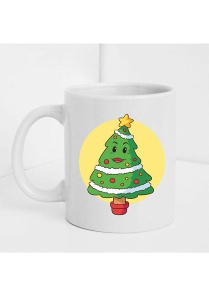 Gülen Çam Ağacı Figürlü Beyaz Baskılı Kupa