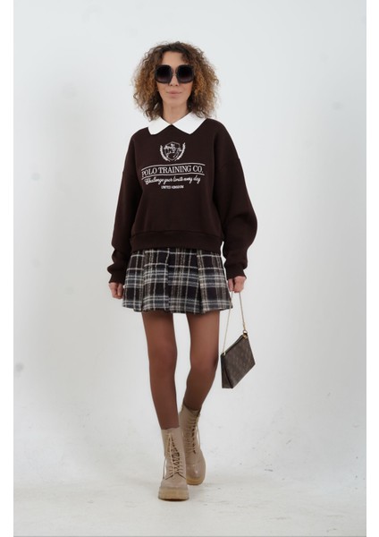 Kahve Deri Garnili Pileli Ekoseli Mini Etek