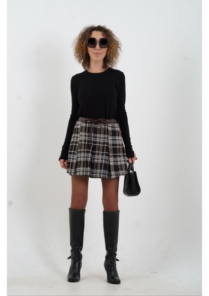 Kahve Deri Garnili Pileli Ekoseli Mini Etek fiyatları