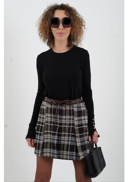 Kahve Deri Garnili Pileli Ekoseli Mini Etek modelleri