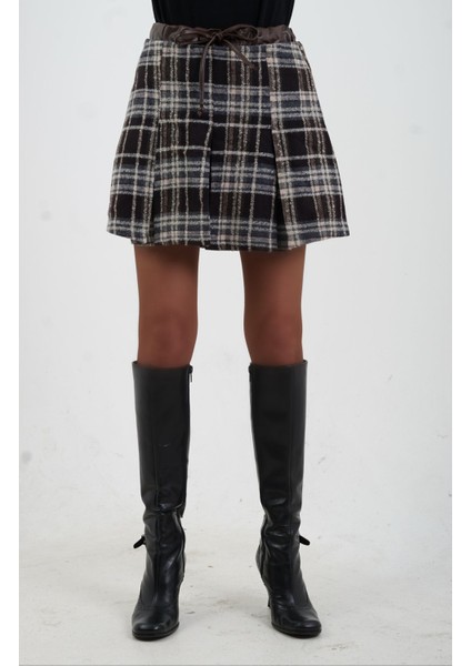 Kahve Deri Garnili Pileli Ekoseli Mini Etek indirimleri