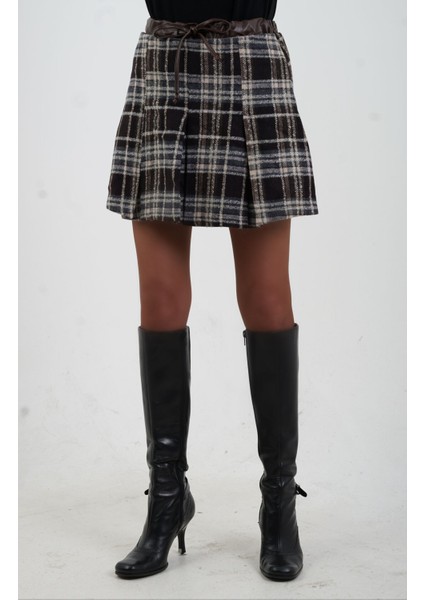 Kahve Deri Garnili Pileli Ekoseli Mini Etek