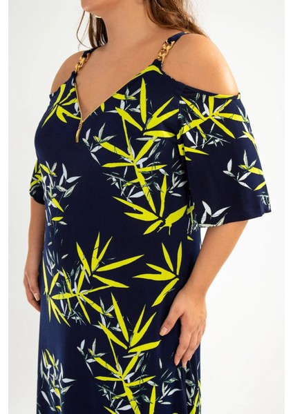 Kadın 111809 Yanları Yırtmaçlı Omuzu Zincirli Lacivert Elbise fiyatları