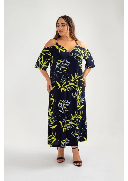 Kadın 111809 Yanları Yırtmaçlı Omuzu Zincirli Lacivert Elbise modelleri