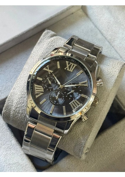 Gümüş Çelik Kordon Erkek Kol Saati Takvimli Siyah Kadran Özel Kutusunda