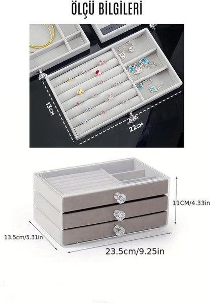 Modern Gri 3 Çekmeceli Takı Bijuteri Mücevher Kutusu Organizer Düzenleyici Şeffaf 13 x 23 x 10 cm modelleri
