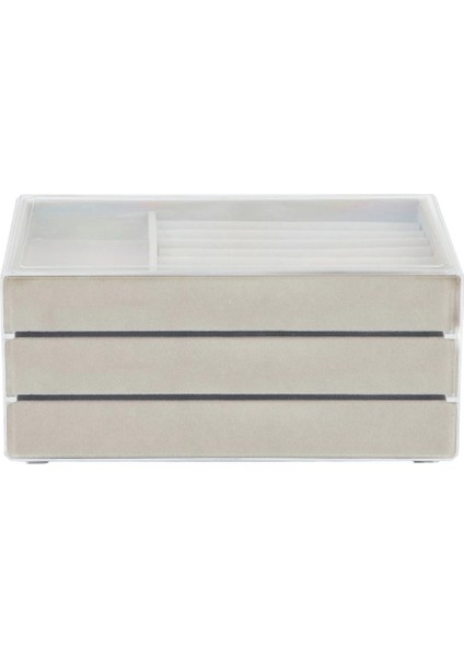 Modern Gri 3 Çekmeceli Takı Bijuteri Mücevher Kutusu Organizer Düzenleyici Şeffaf 13 x 23 x 10 cm