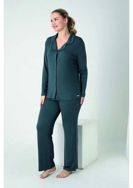 Kadın Viskon Önü Düğmeli Uzunkol Pijama Takım C840-908