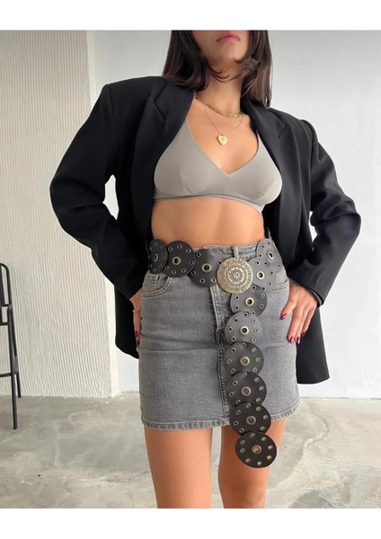 Kadın Bohem Deri Metal Halkalı Dekoratif Kemer – Antik Gold Tokalı, Yuvarlak Parçalı Tasarım