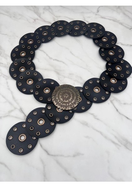 Kadın Bohem Deri Metal Halkalı Dekoratif Kemer – Antik Gold Tokalı, Yuvarlak Parçalı Tasarım modelleri